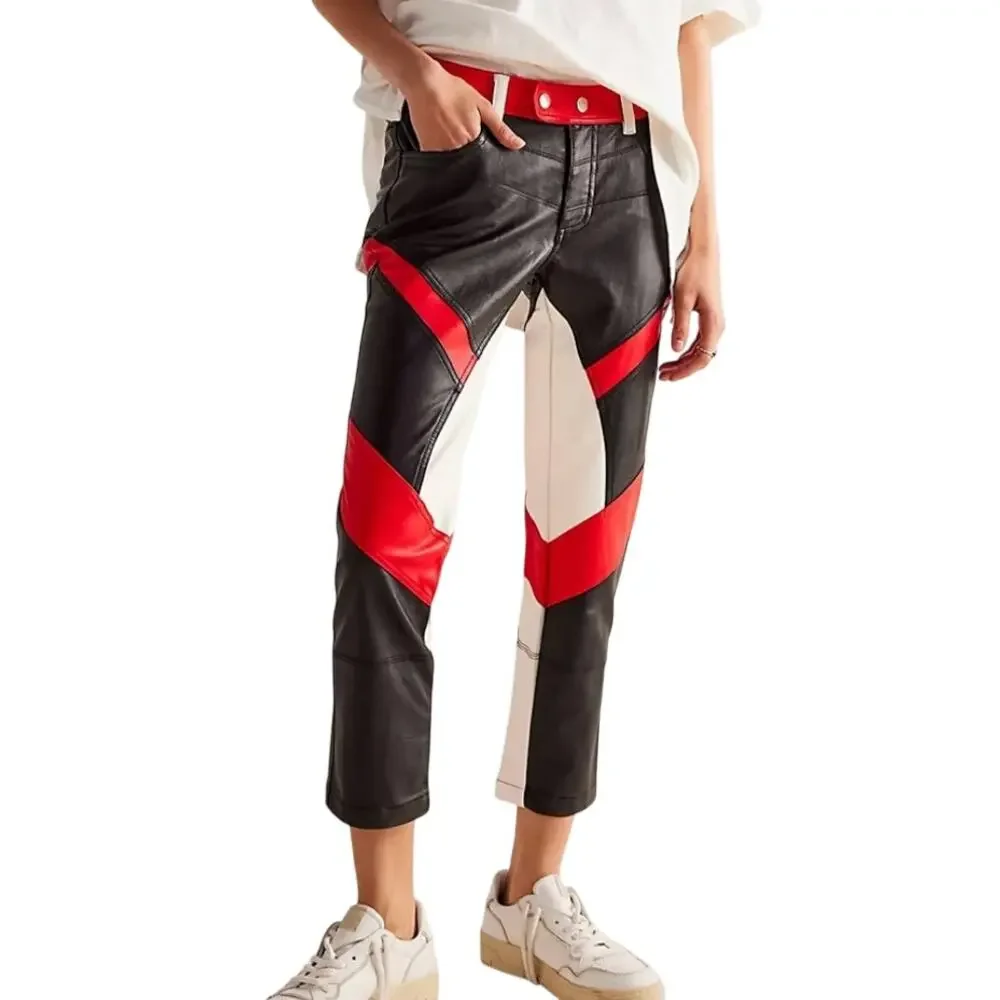 We the Free People Colorblock Rebel Vegan Leather Mid Rise Relaxed Straight Pant